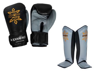 Kanong Rindsleder Boxhandschuhe + Schienbeinschoner : Schwarz/Grau